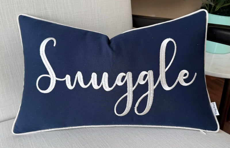 YugTex Romantic Couple Love Sentiment Embroidered Decorative Sayings Lumbar Accent Throw Pillowcase - Snuggle Phrase Decor for Wedding, Anniversary, Valentine - 12x20 Inches, Navy Blue - Image 1